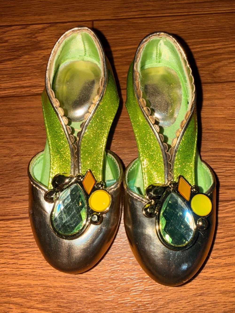 Kids Gold Green Disney Princess Tiana Dress Up Shoes Pretend Size 7/8